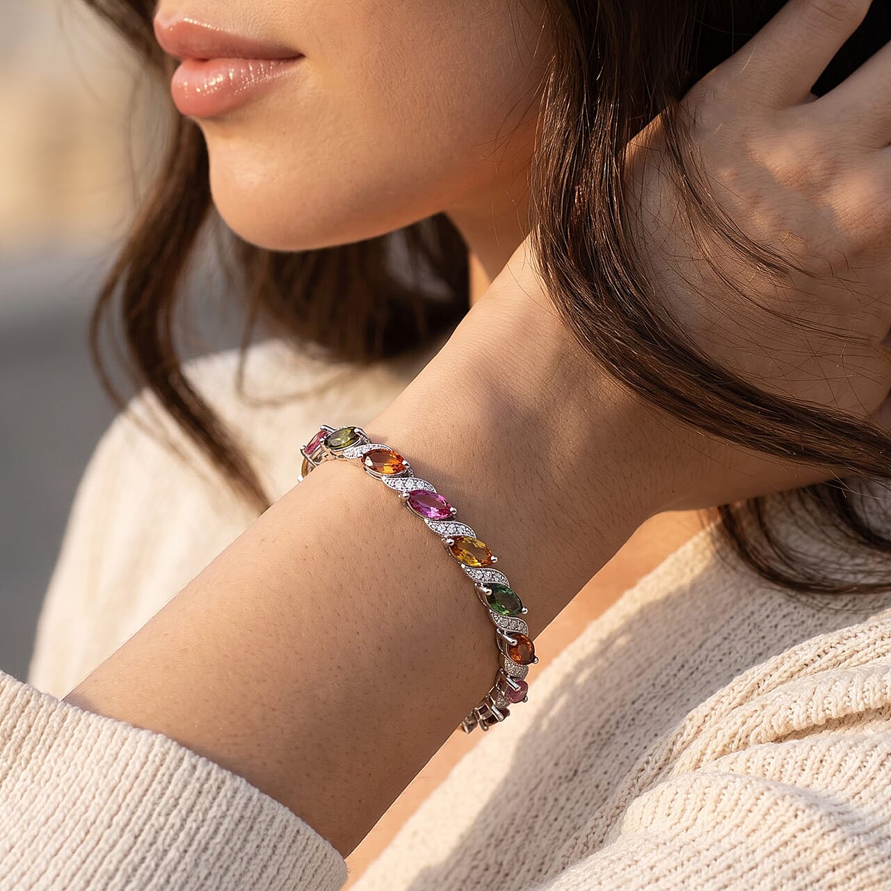 D'Joy Multi-Tourmaline and White Zircon 15.10 ctw Bracelet in Rhodium Over Sterling Silver (6.50 In)