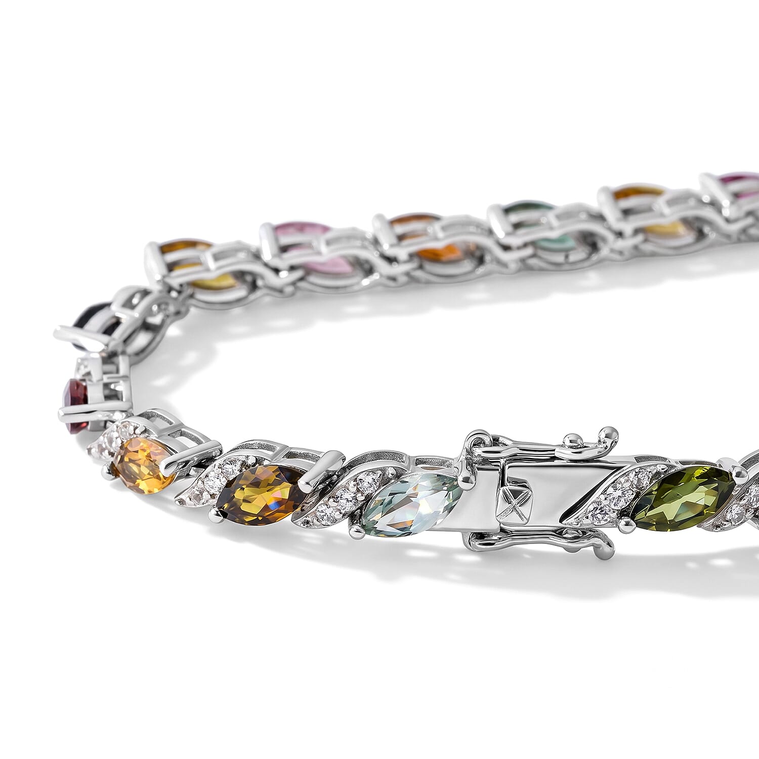 D'Joy Multi-Tourmaline and White Zircon 15.10 ctw Bracelet in Rhodium Over Sterling Silver (6.50 In)