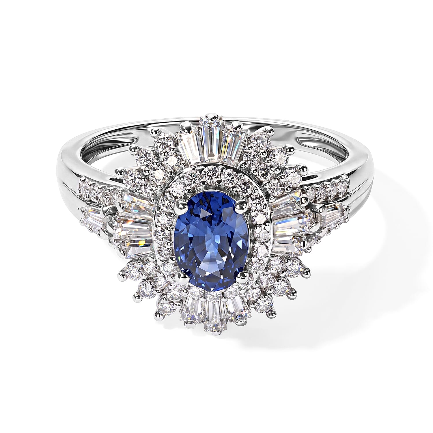 D'Joy Premium Ceylon Sapphire and Moissanite 3.00 ctw Halo Ring in Rhodium Over Sterling Silver (Size 6.0)