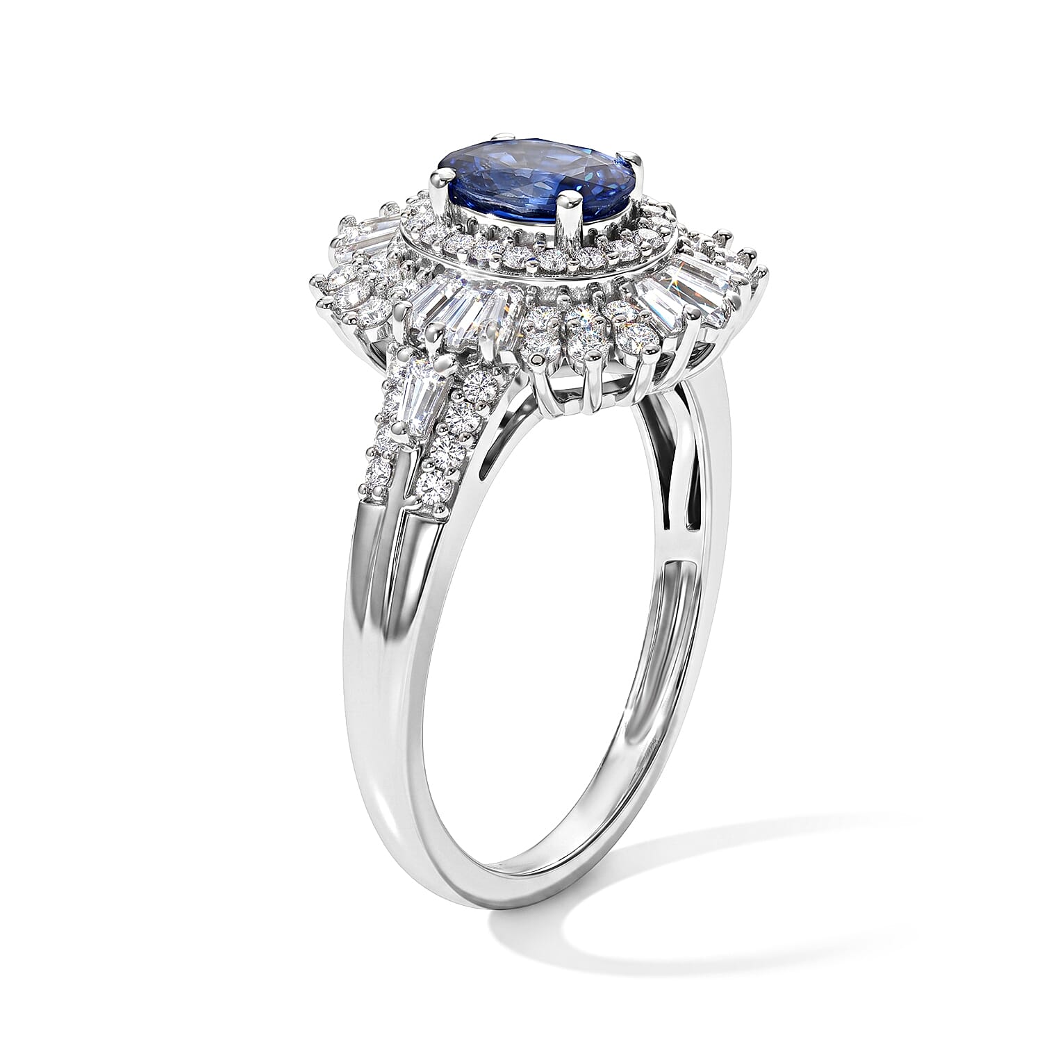 D'Joy Premium Ceylon Sapphire and Moissanite 3.00 ctw Halo Ring in Rhodium Over Sterling Silver (Size 6.0)