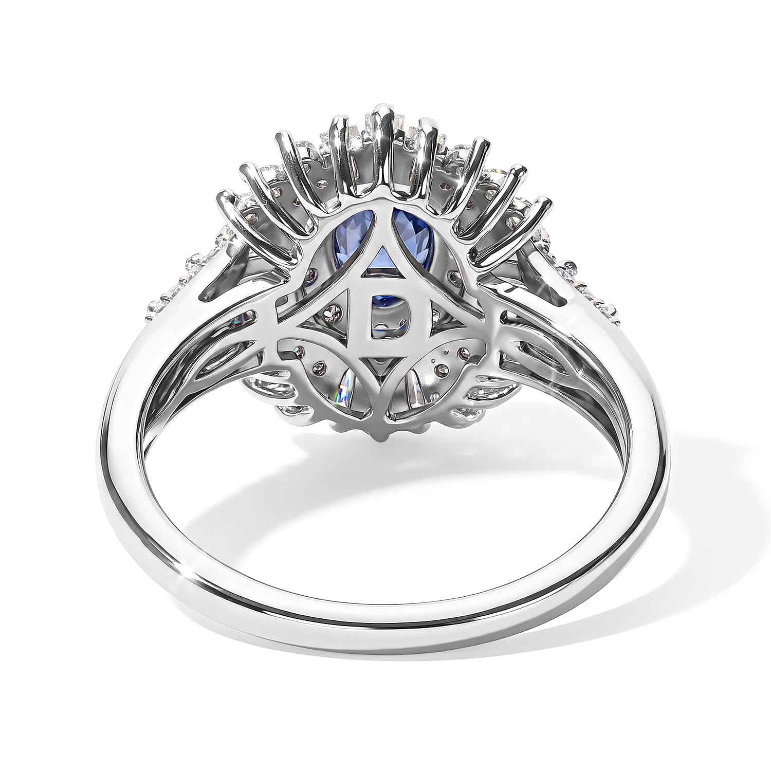 D'Joy Premium Ceylon Sapphire and Moissanite 3.00 ctw Halo Ring in Rhodium Over Sterling Silver (Size 6.0)