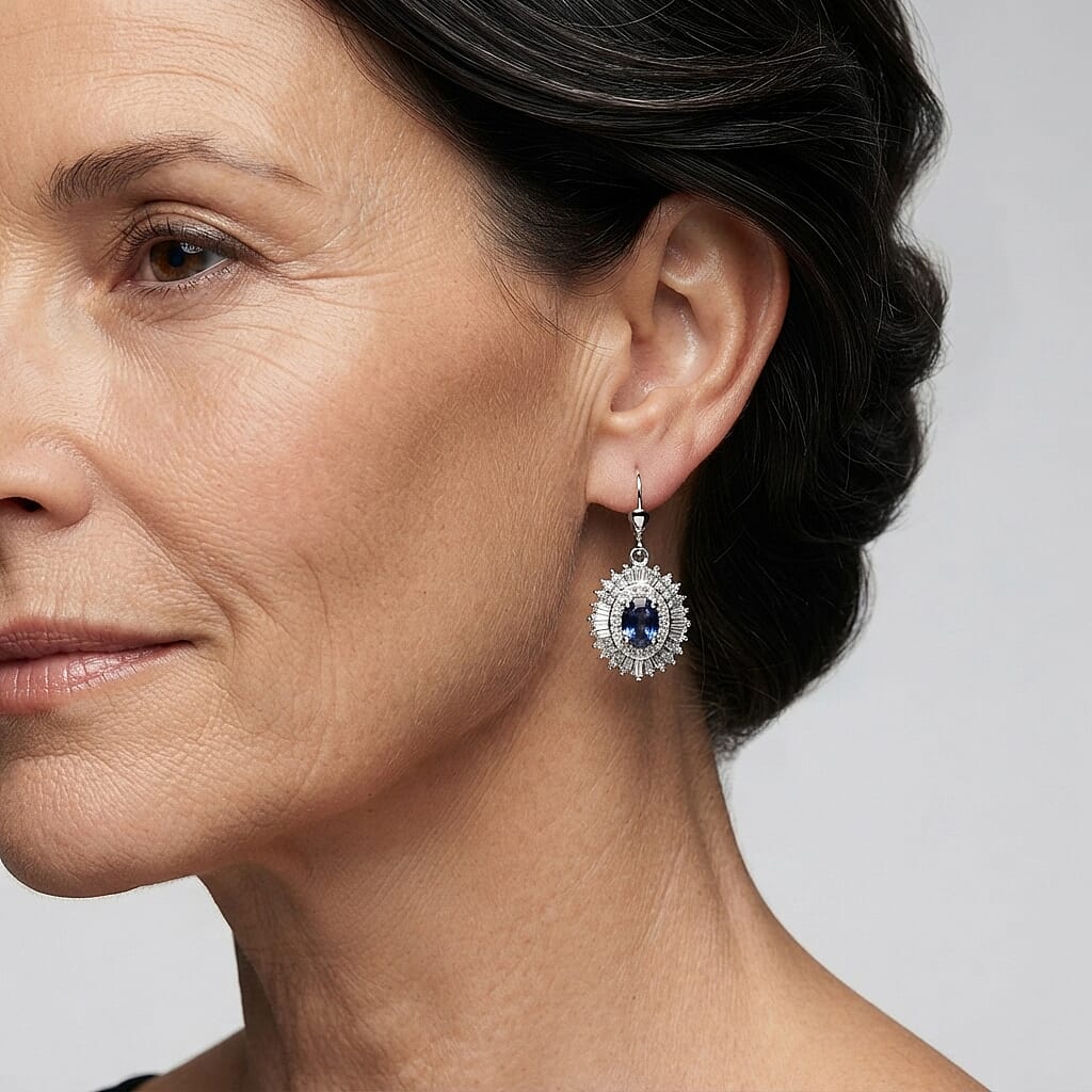 D'Joy Premium Ceylon Sapphire and Moissanite 2.30 ctw Earrings in Rhodium Over Sterling Silver