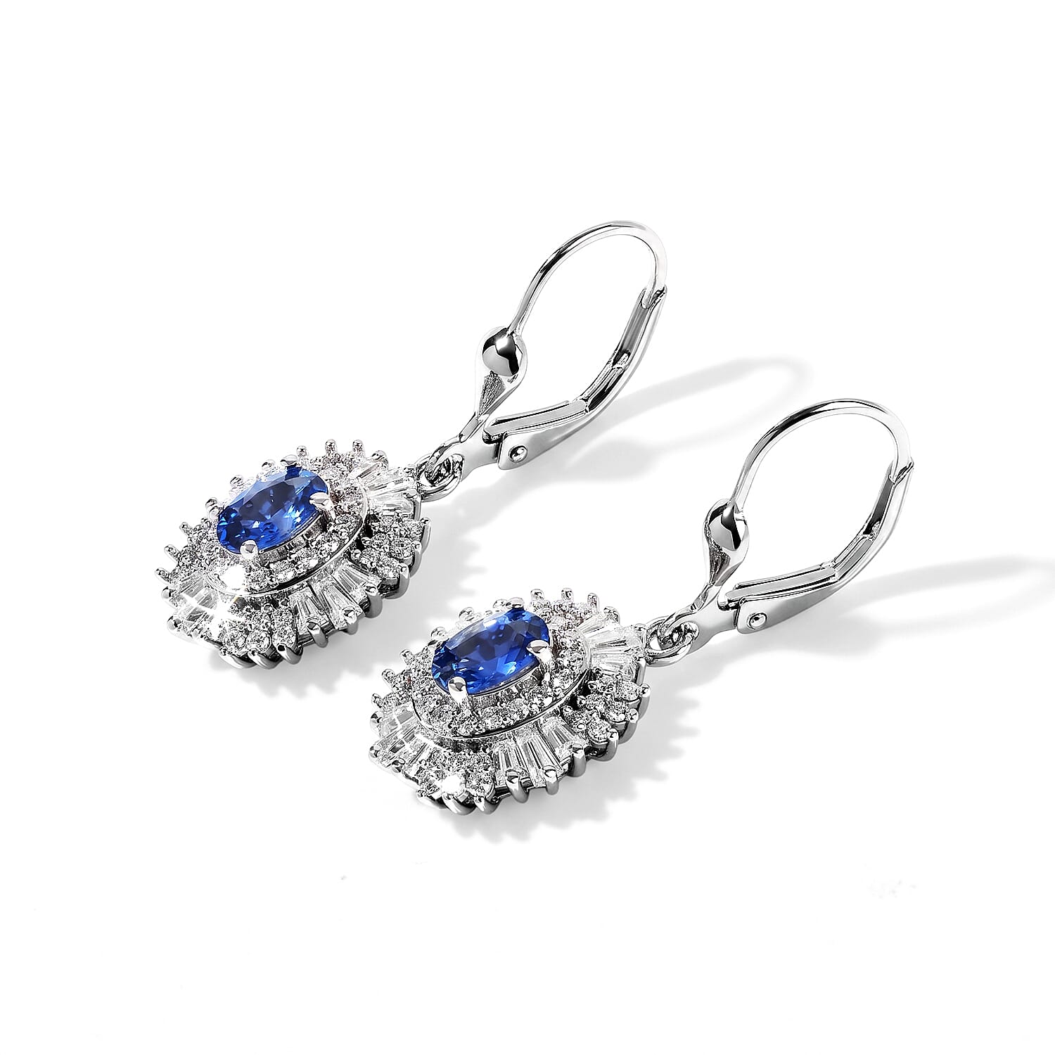 D'Joy Premium Ceylon Sapphire and Moissanite 2.30 ctw Earrings in Rhodium Over Sterling Silver