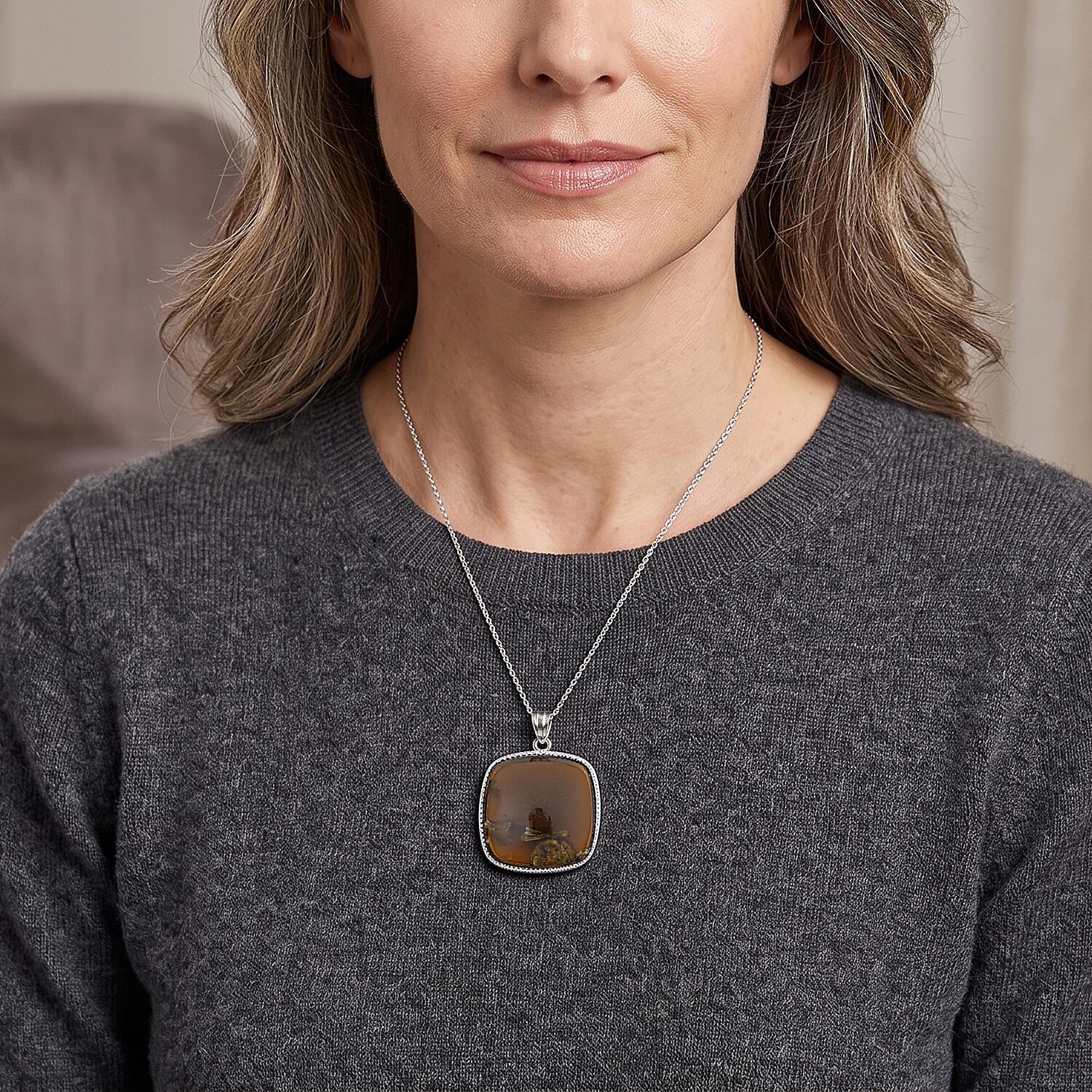 Square Flower Smoky Quartz 52.00 ctw Pendant in Silvertone