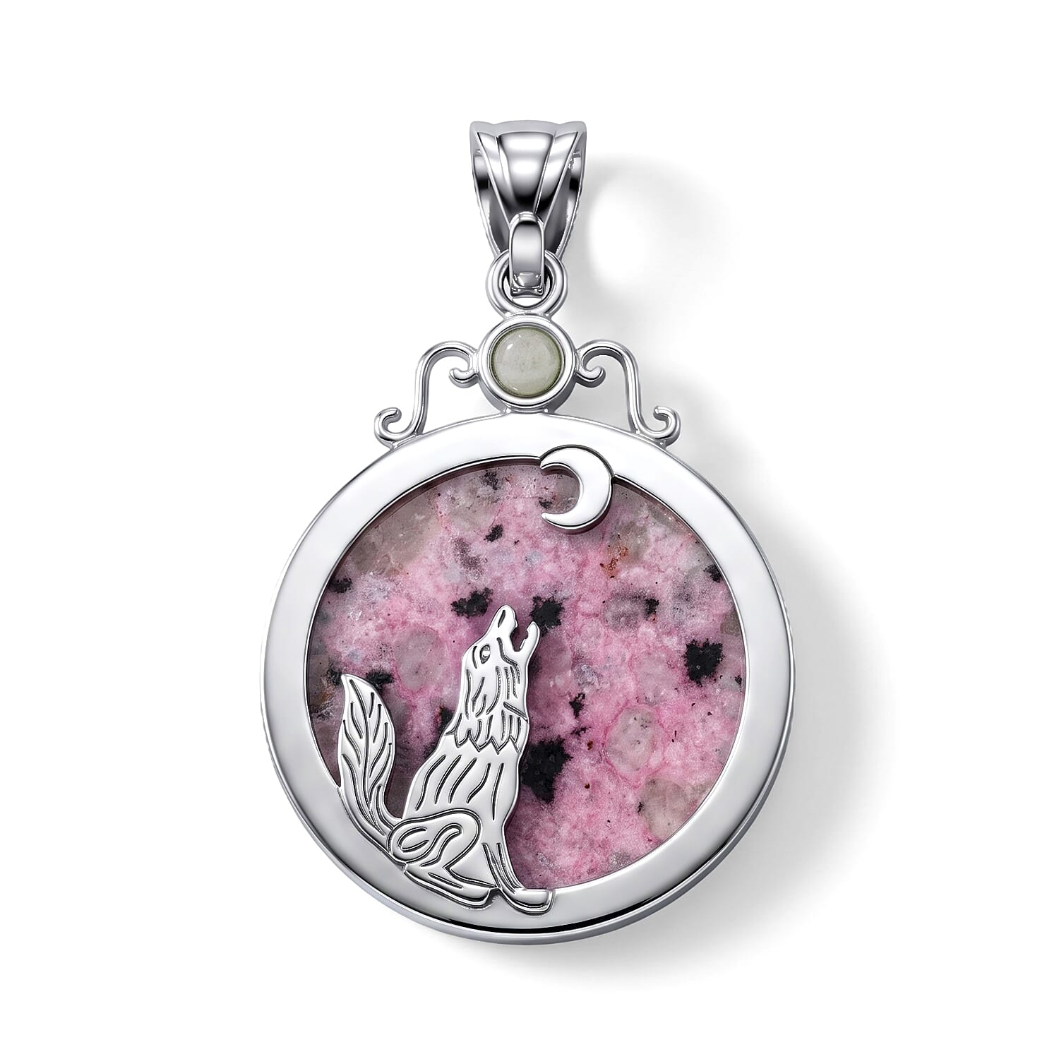 Center Stone Varies Kiwi Purple Amazonite Coyote Moon 38.00 ctw Pendant in Silvertone