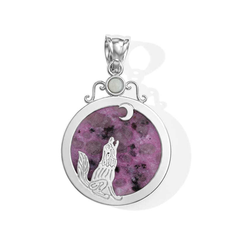 Center Stone Varies Kiwi Purple Amazonite Coyote Moon 38.00 ctw Pendant in Silvertone
