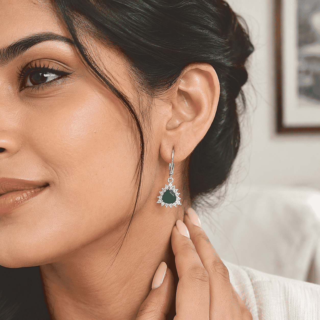 EverTrue Verde Onyx and White Zircon 3.40 ctw Verdant Trillion Halo Bloom Earrings in Platinum Bond