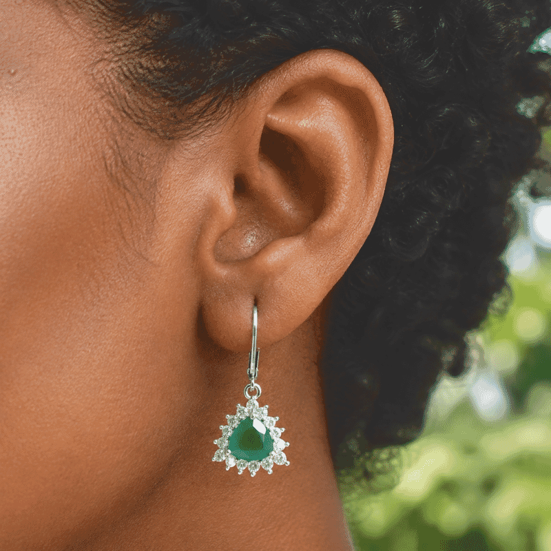 EverTrue Verde Onyx and White Zircon 3.40 ctw Verdant Trillion Halo Bloom Earrings in Platinum Bond