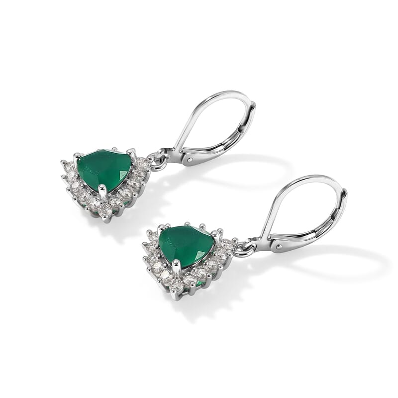 EverTrue Verde Onyx and White Zircon 3.40 ctw Verdant Trillion Halo Bloom Earrings in Platinum Bond