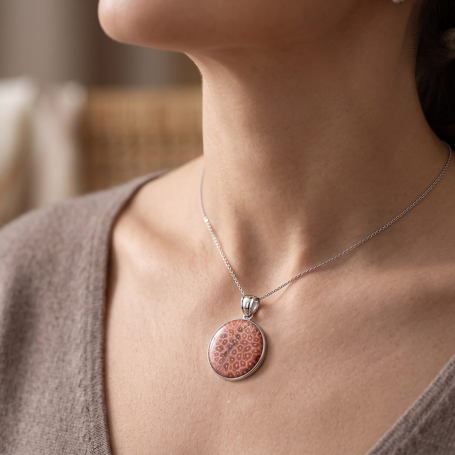Round Red Flower Petosky 36.00 ctw Pendant in Silvertone