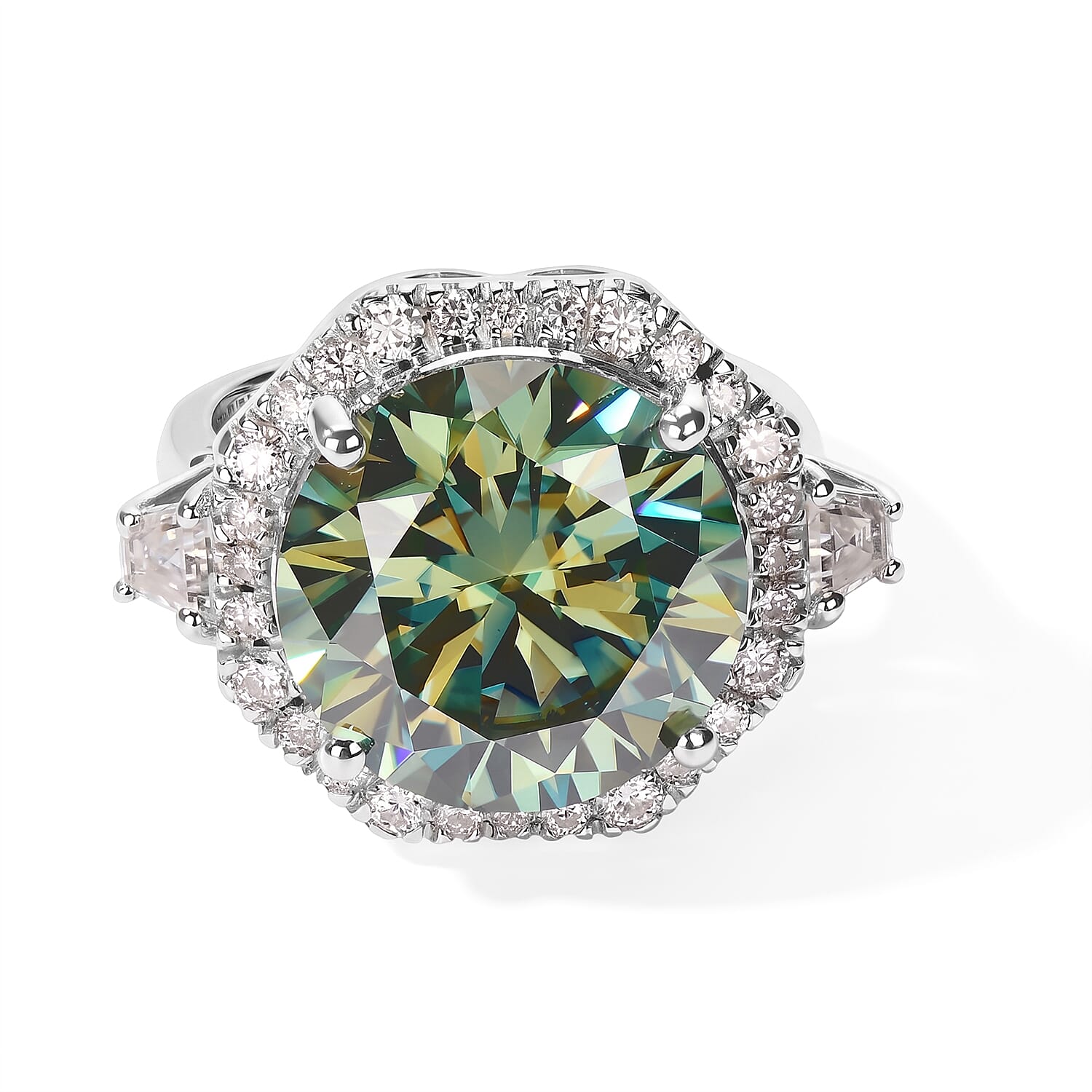 Certified and Appraised D'Joy Mint Green and White Moissanite 10.60 ctw Ring in Rhodium Over Sterling Silver (Size 6.0)