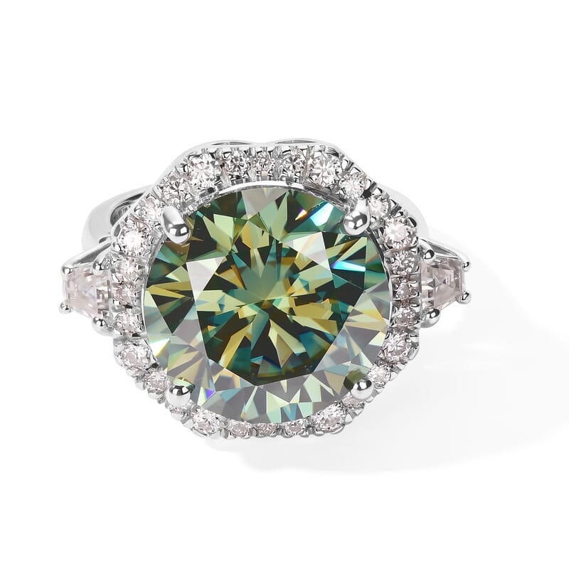 Certified and Appraised D'Joy Mint Green and White Moissanite 10.60 ctw Ring in Rhodium Over Sterling Silver (Size 6.0)