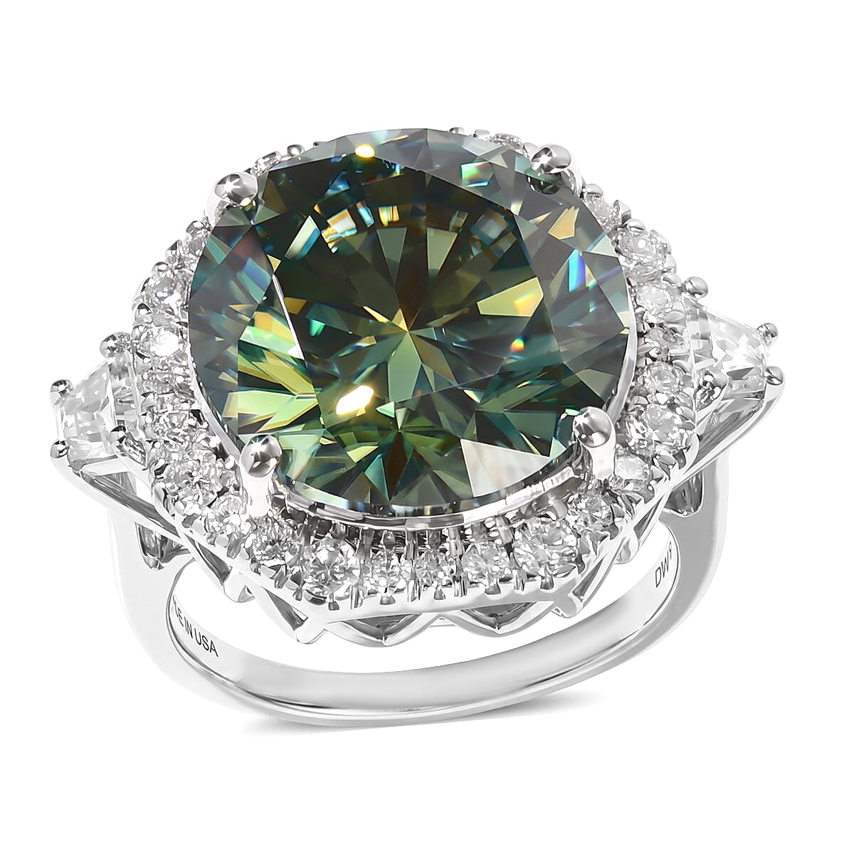 Certified and Appraised D'Joy Mint Green and White Moissanite 10.60 ctw Ring in Rhodium Over Sterling Silver (Size 6.0)