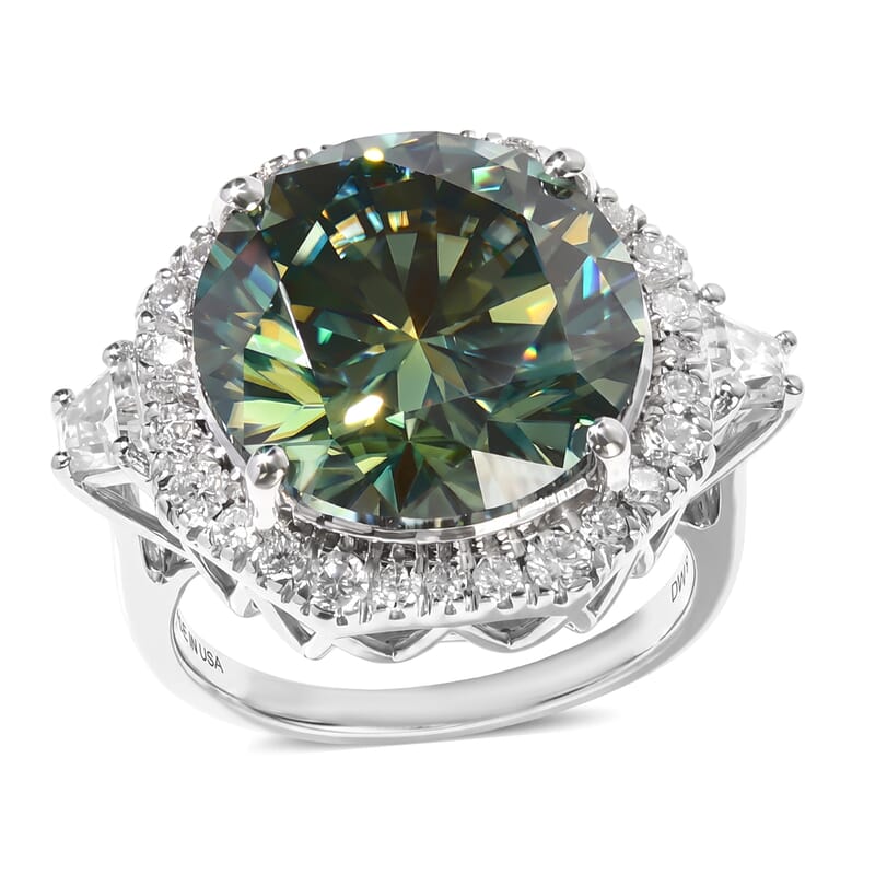 Certified and Appraised D'Joy Mint Green and White Moissanite 10.60 ctw Ring in Rhodium Over Sterling Silver (Size 6.0)