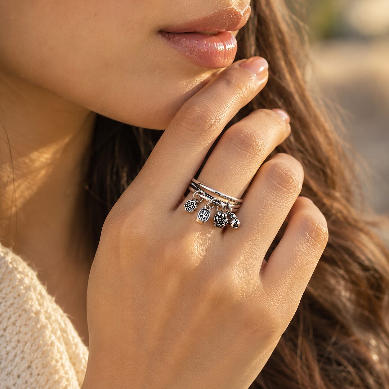 Lotus and Fortune Charm Ring in Silvertone (Adjustable)