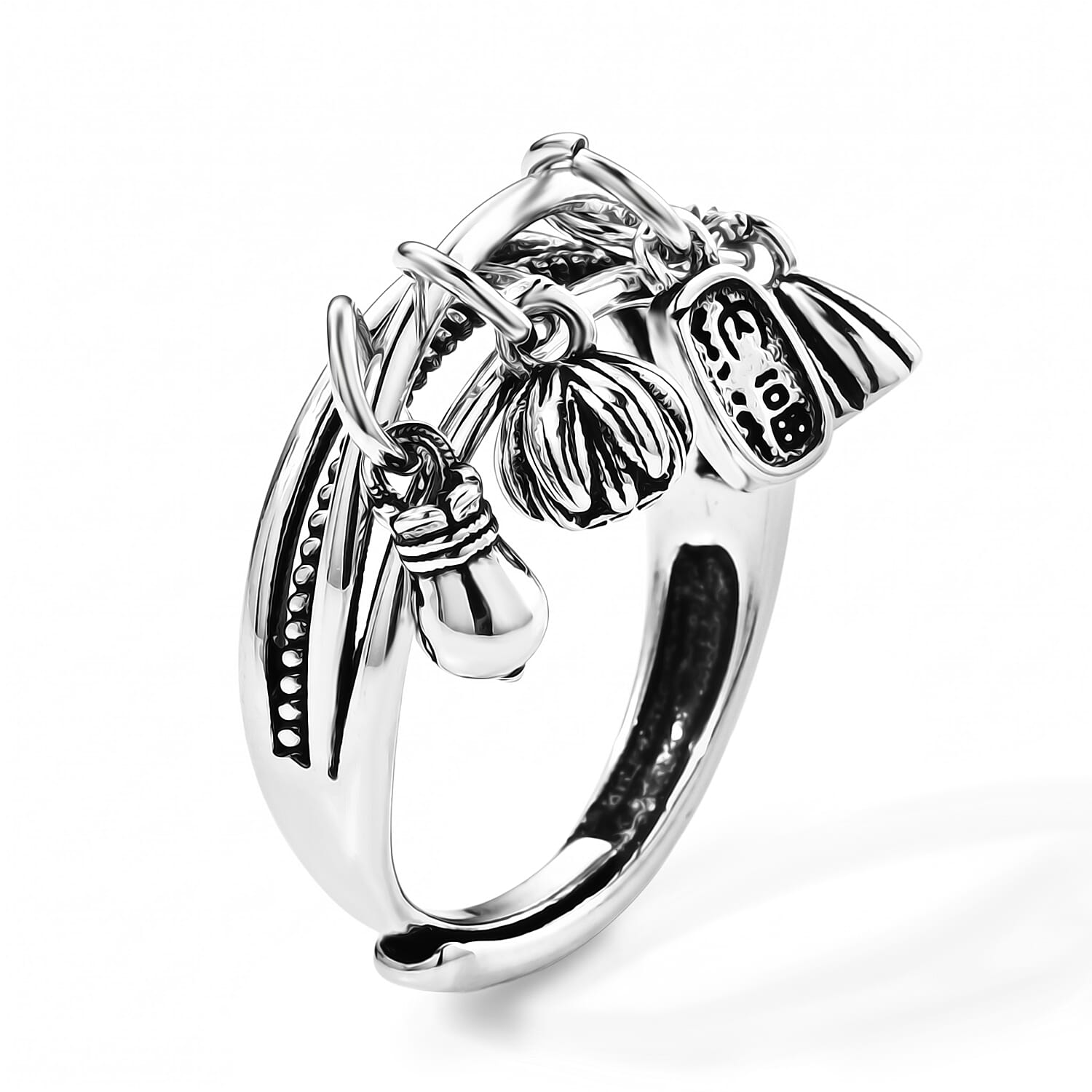 Lotus and Fortune Charm Ring in Silvertone (Adjustable)
