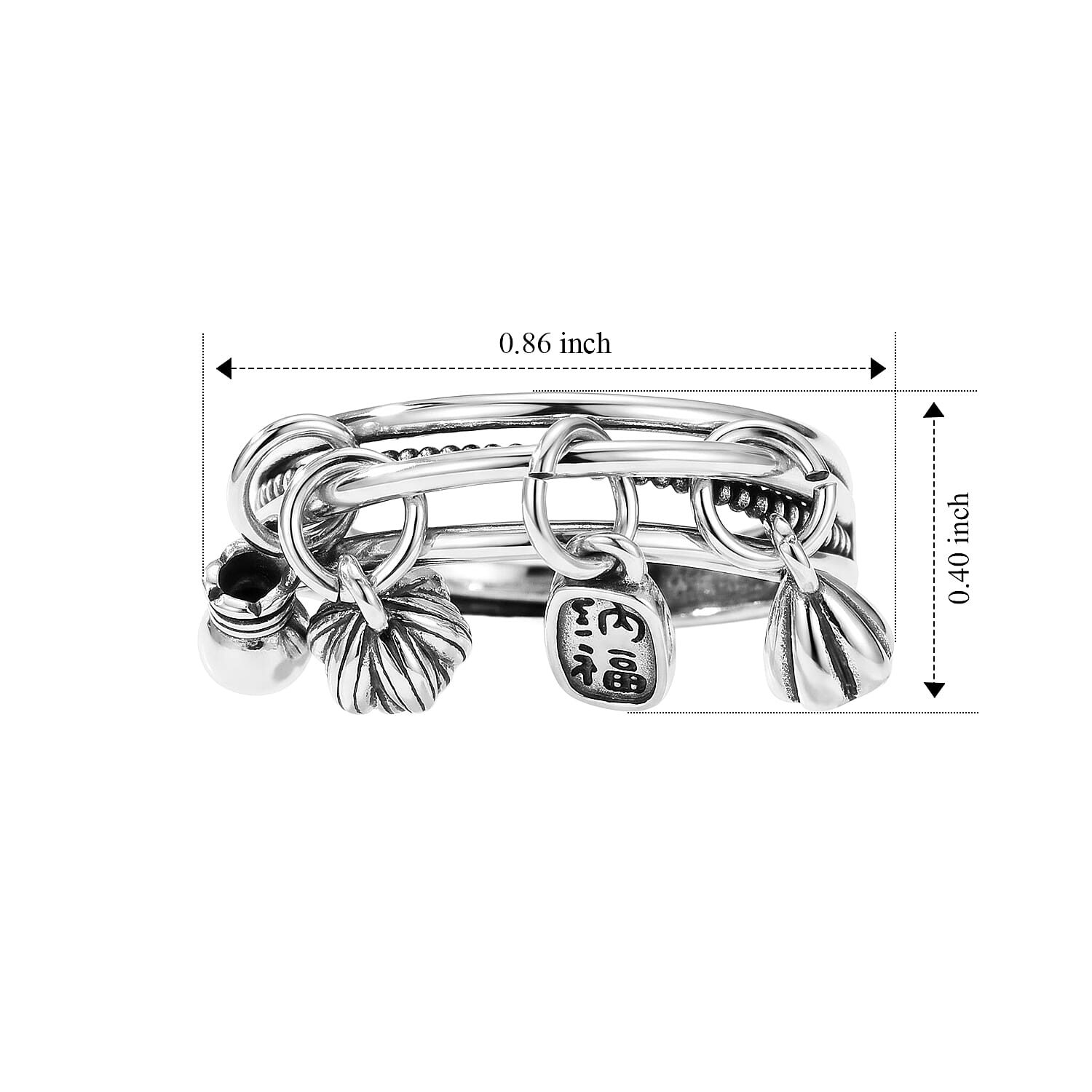 Lotus and Fortune Charm Ring in Silvertone (Adjustable)