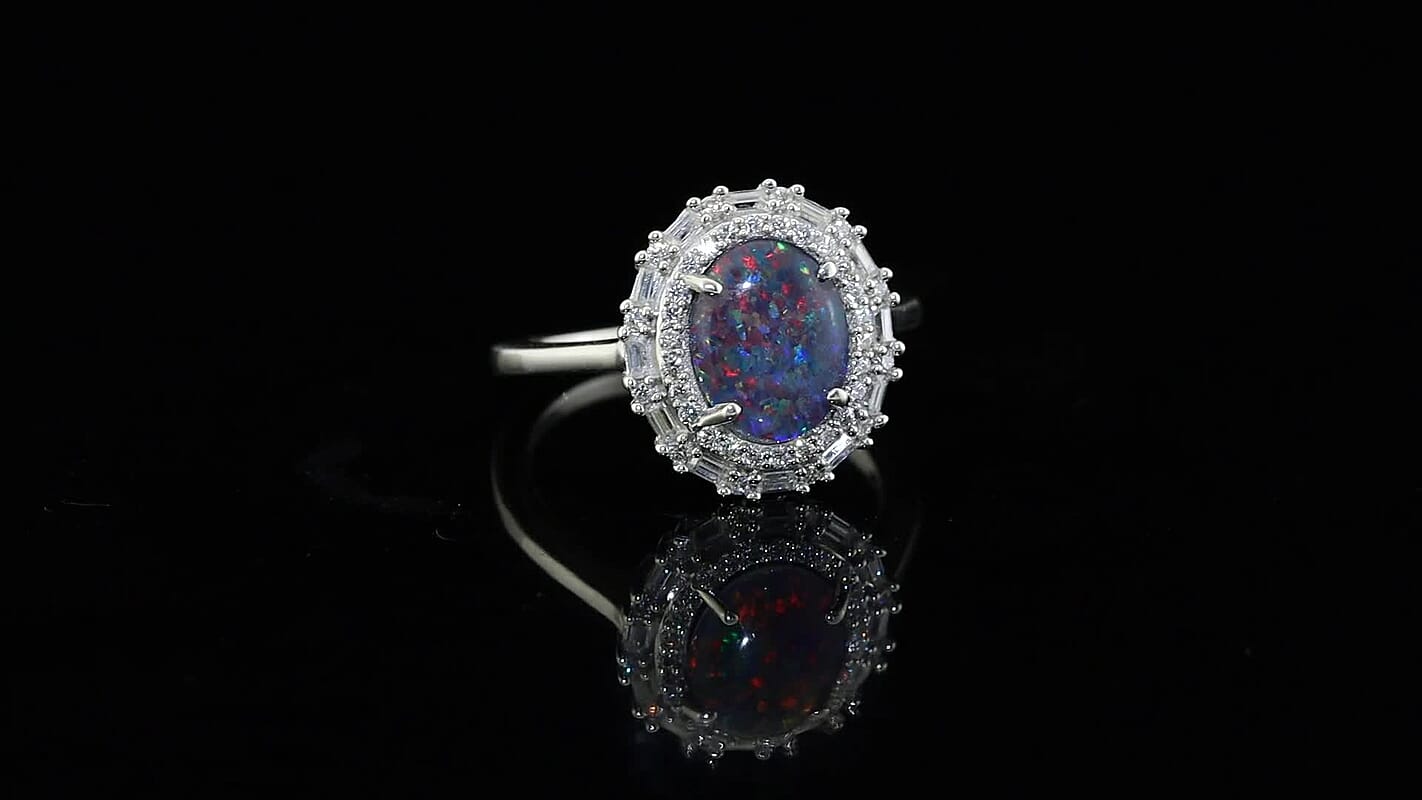 D''Joy Premium Australian Black Ridge Opal Triplet, Moissanite Astral Crown Ring in Rhodium Over Sterling Silver (Size 10.0) 2.30 ctw