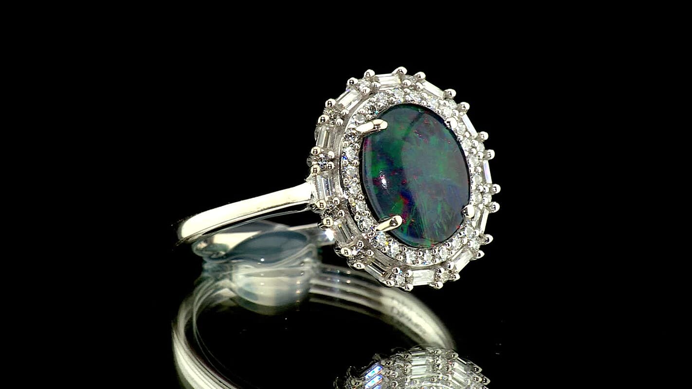 D''Joy Premium Australian Black Ridge Opal Triplet, Moissanite Astral Crown Ring in Rhodium Over Sterling Silver (Size 10.0) 2.30 ctw