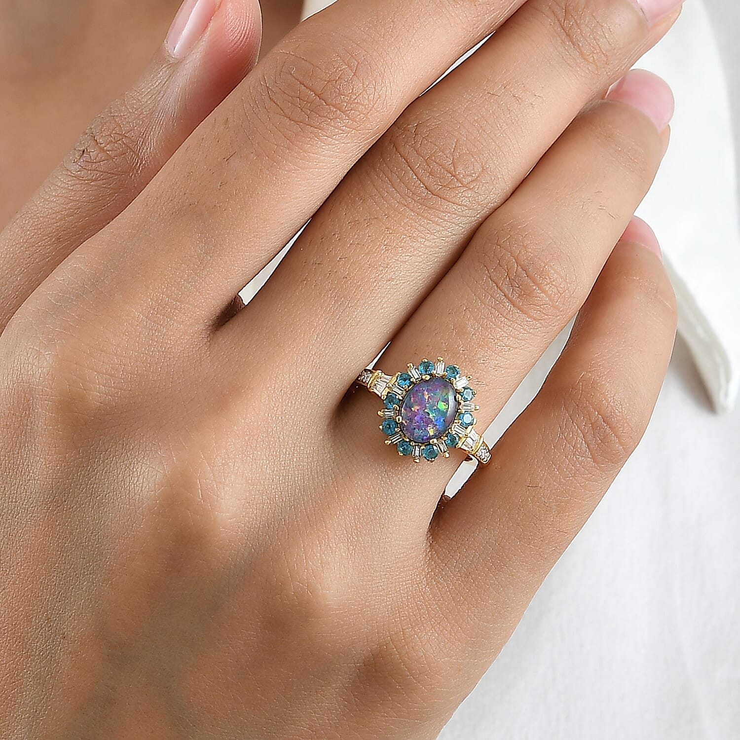 D'Joy Premium Australian Black Ridge Opal Triplet and Multi Gemstone 2.00 ctw Imperial Stardust Ring in 18K Vermeil Yellow Gold Over Sterling Silver (Size 6.0)