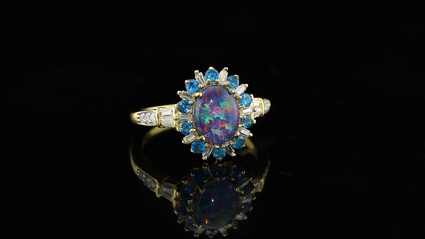D''Joy Premium Australian Black Ridge Opal Triplet, Multi Gemstone Imperial Stardust Ring in 18K Vermeil YG Over Sterling Silver (Size 10.0) (Ships in 10-12 Days) 2.00 ctw