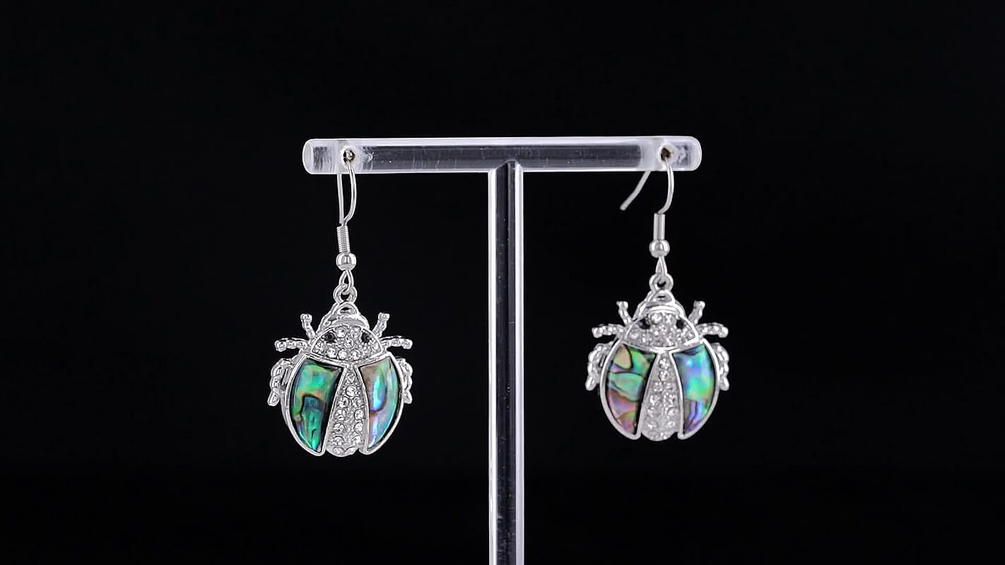 Abalone Shell, Austrian Black and White Crystal Dangling Earrings in Silvertone