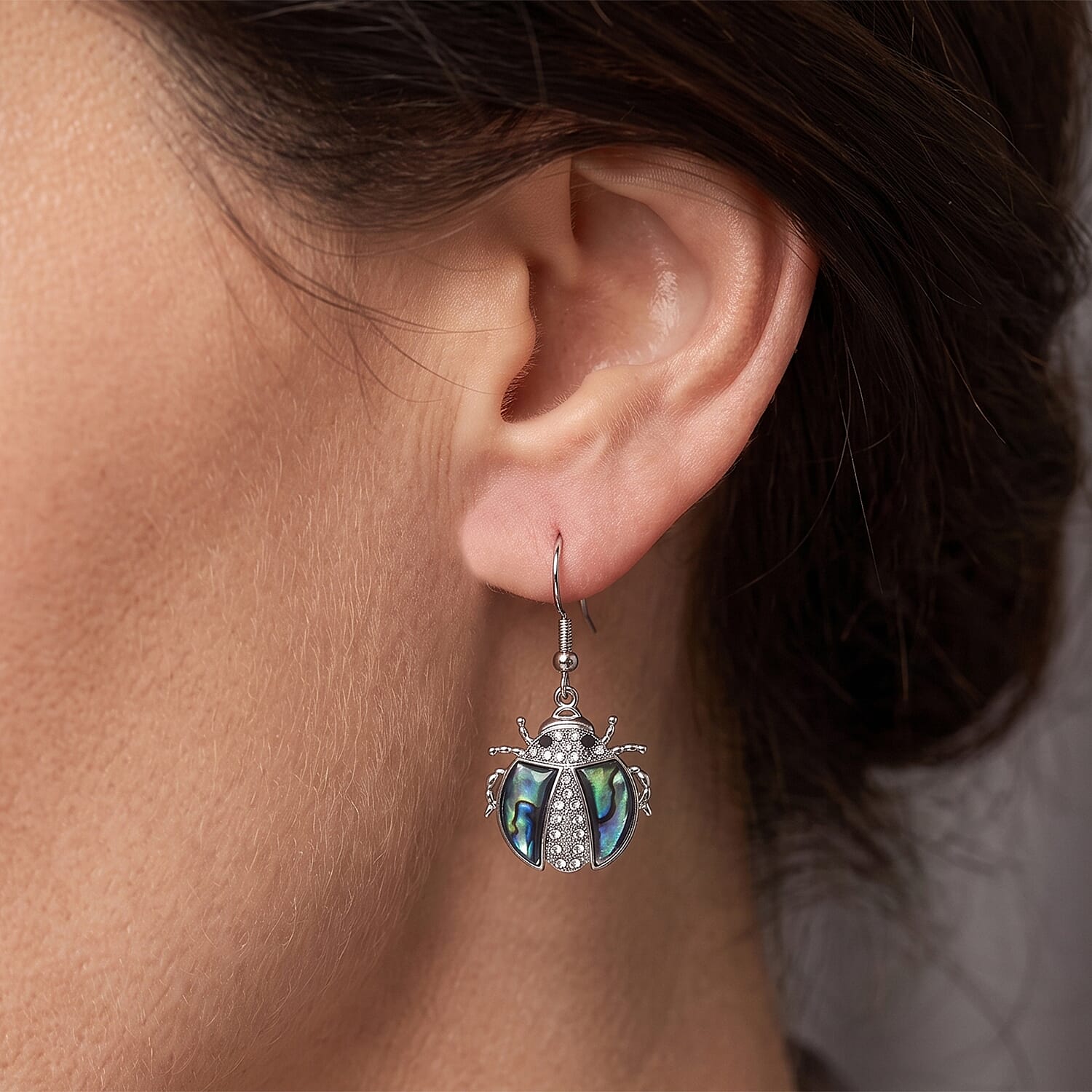 Abalone Shell, Austrian Black and White Crystal Dangling Earrings in Silvertone