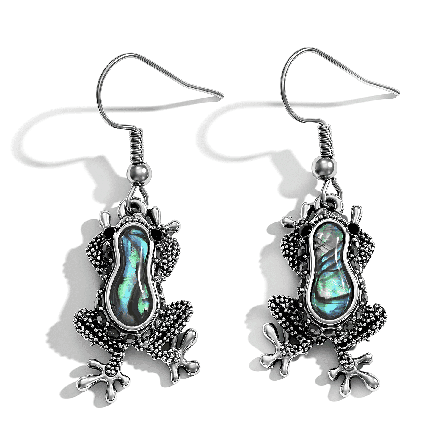 Abalone Shell and Austrian Black Crystal Frog Earrings in Silvertone