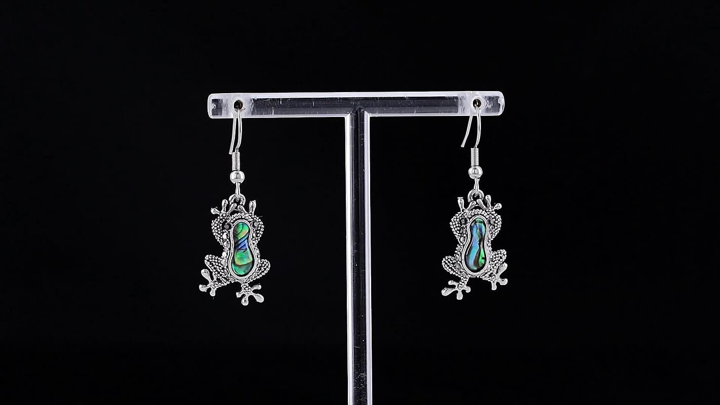 Abalone Shell and Austrian Black Crystal Frog Earrings in Silvertone