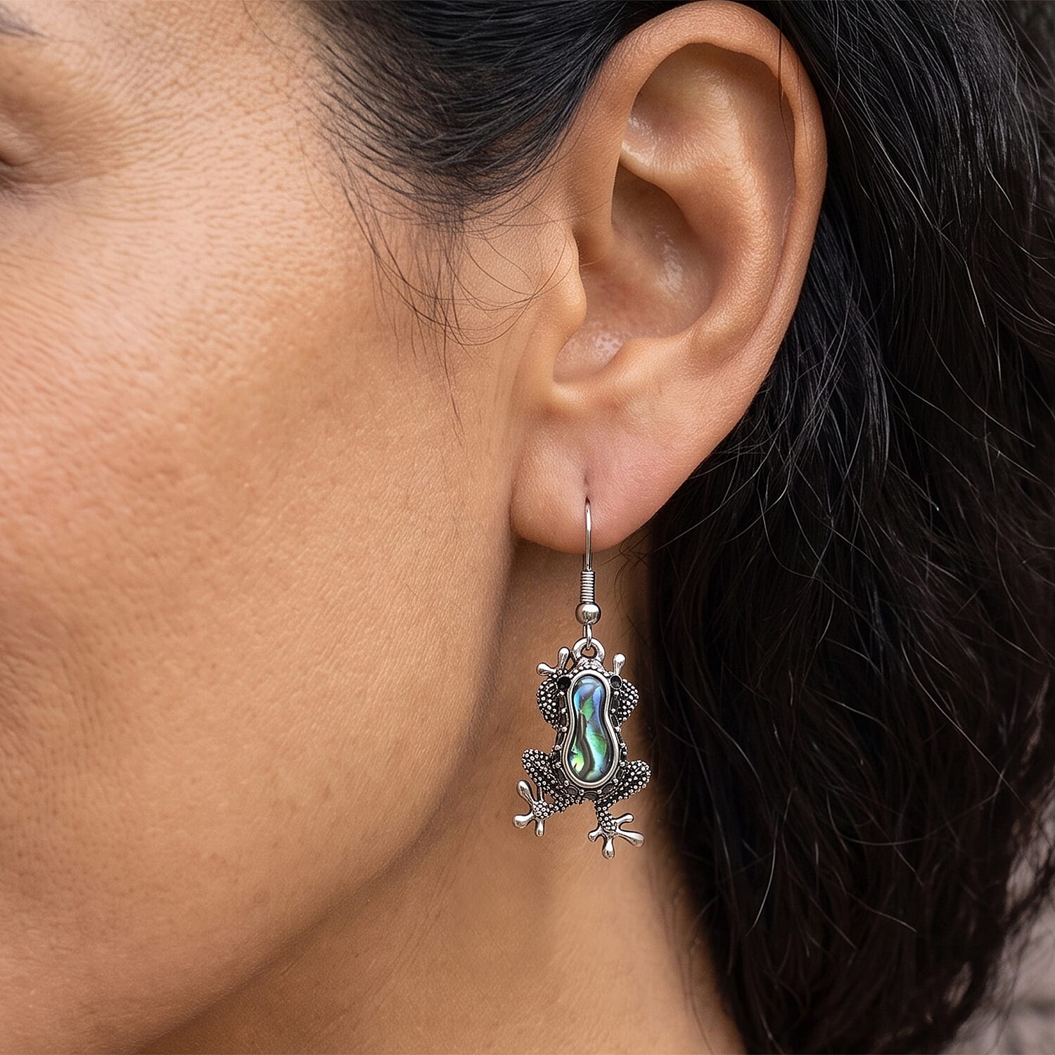 Abalone Shell and Austrian Black Crystal Frog Earrings in Silvertone