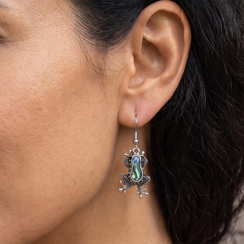 Abalone Shell and Austrian Black Crystal Frog Earrings in Silvertone
