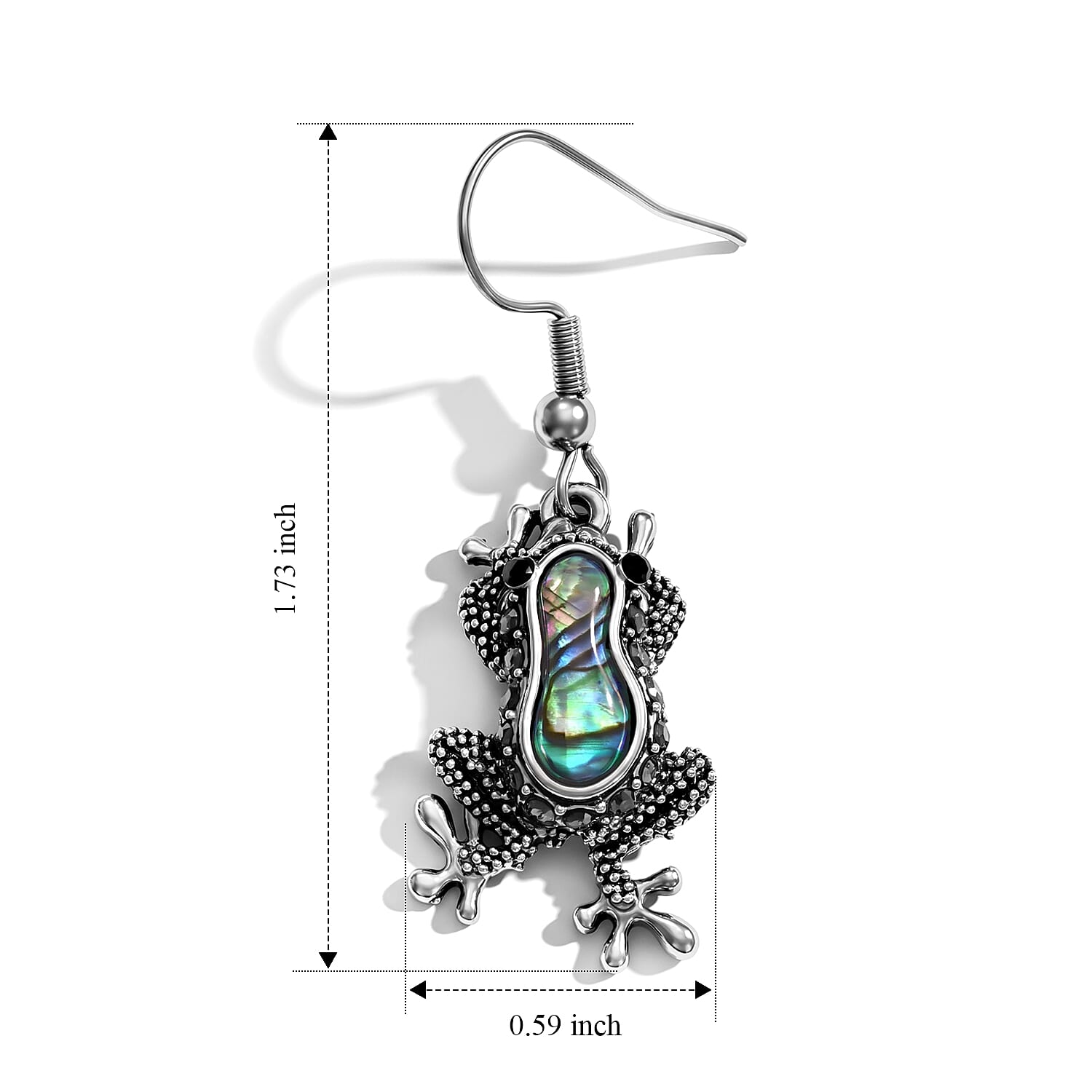 Abalone Shell and Austrian Black Crystal Frog Earrings in Silvertone