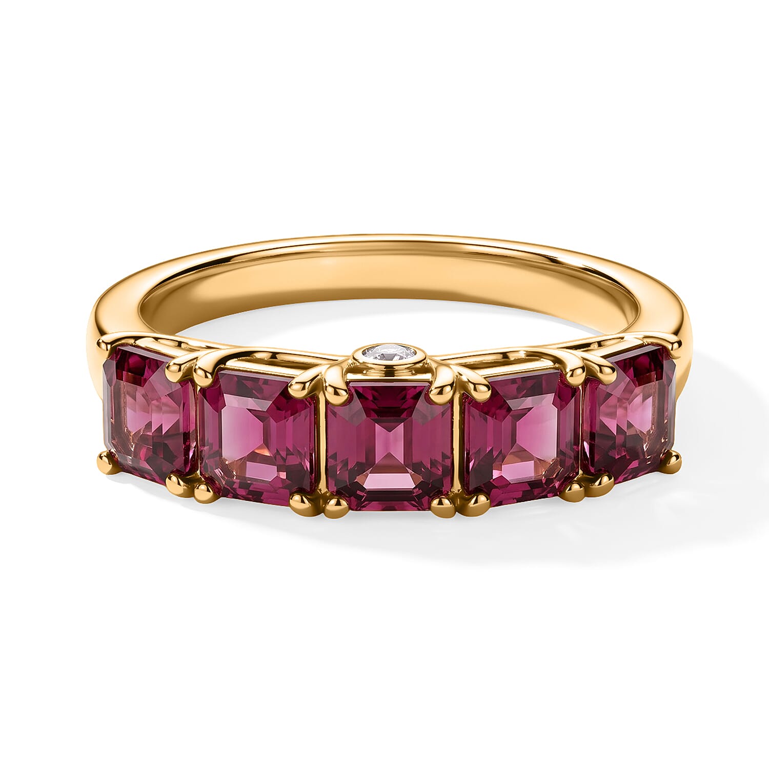 Asscher Cut Premium Tanzanian Wine Garnet and Luxuriant Lab Grown Diamond G-H SI 2.25 ctw 5 Stone Imperial Glow Ring in 18K Vermeil Yellow Gold Over Sterling Silver (Size 6.0)