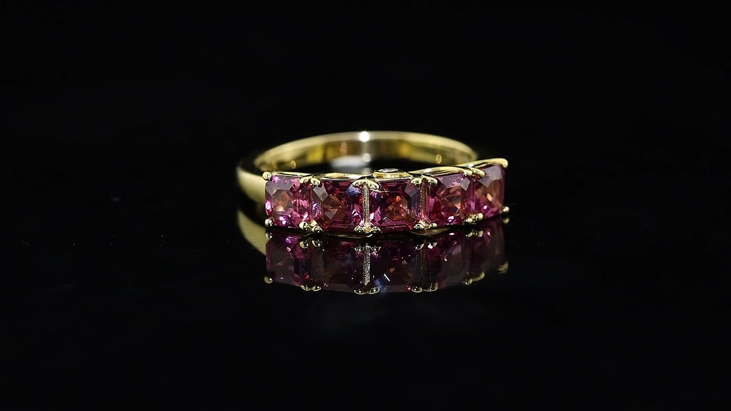 Asscher Cut Premium Tanzanian Wine Garnet, Luxuriant Lab Grown Diamond (G-H, SI) 5 Stone Ring in 18K Vermeil YG Over Sterling Silver (Size 10.0) 2.25 ctw