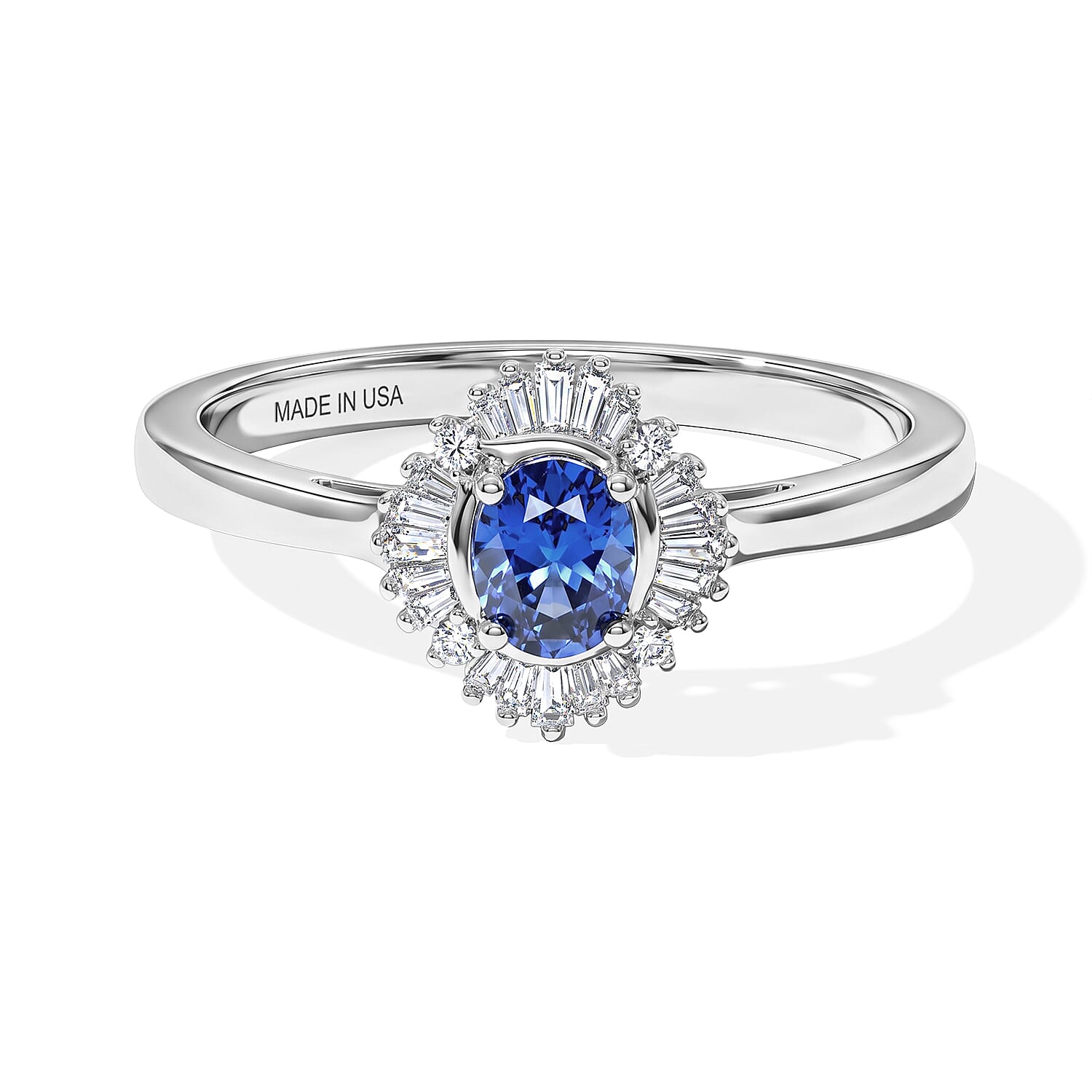 D''Joy Premium Ceylon Blue Sapphire, White Diamond Ring in Rhodium Over Sterling Silver (Size 10.0) 0.65 ctw