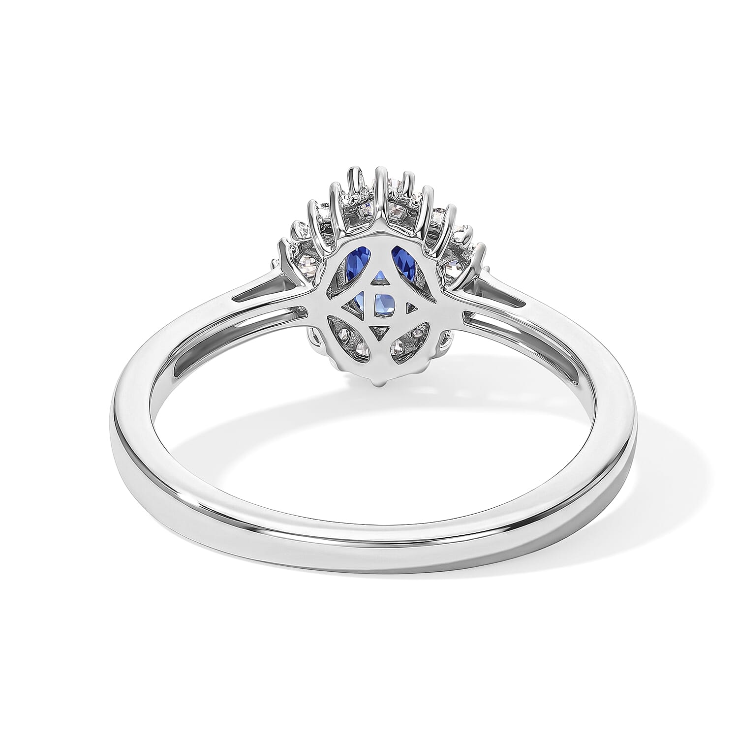 D'Joy Premium Ceylon Blue Sapphire and Diamond 0.65 ctw Crown of Light Ring in Rhodium Over Sterling Silver (Size 7.0)