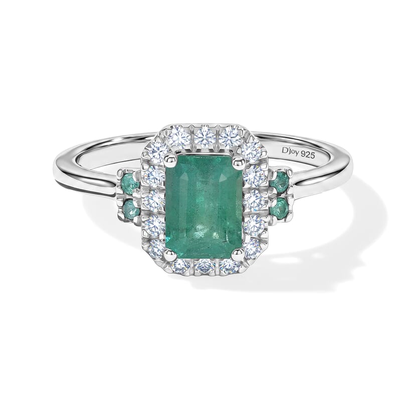 Certified and Appraised D'Joy Premium Kagem Zambian Emerald, Paraiba Tourmaline and Moissanite Ring in Rhodium Over Sterling Silver (Size 5.0) 1.39 ctw
