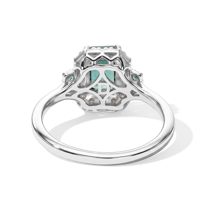 Certified and Appraised D'Joy Premium Kagem Zambian Emerald, Paraiba Tourmaline and Moissanite Ring in Rhodium Over Sterling Silver (Size 5.0) 1.39 ctw