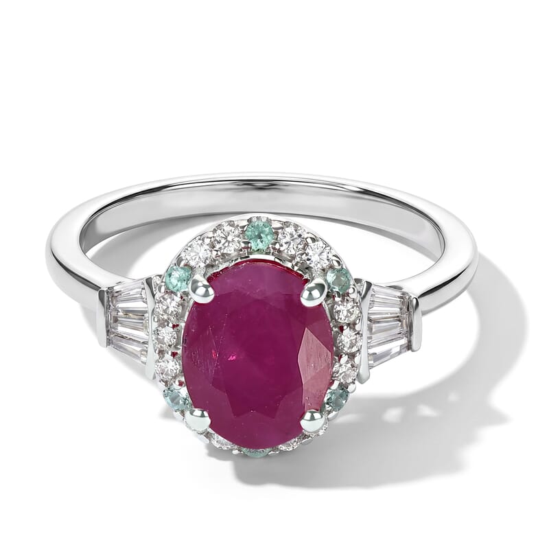 Certified and Appraised D'Joy Premium Taveta Ruby, Paraiba Tourmaline and Moissanite 3.15 ctw Ring in Rhodium Over Sterling Silver (Size 6.0)