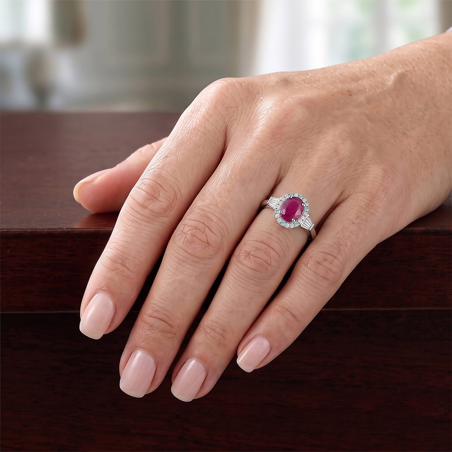 Certified and Appraised D'Joy Premium Taveta Ruby, Paraiba Tourmaline and Moissanite 3.15 ctw Ring in Rhodium Over Sterling Silver (Size 6.0)