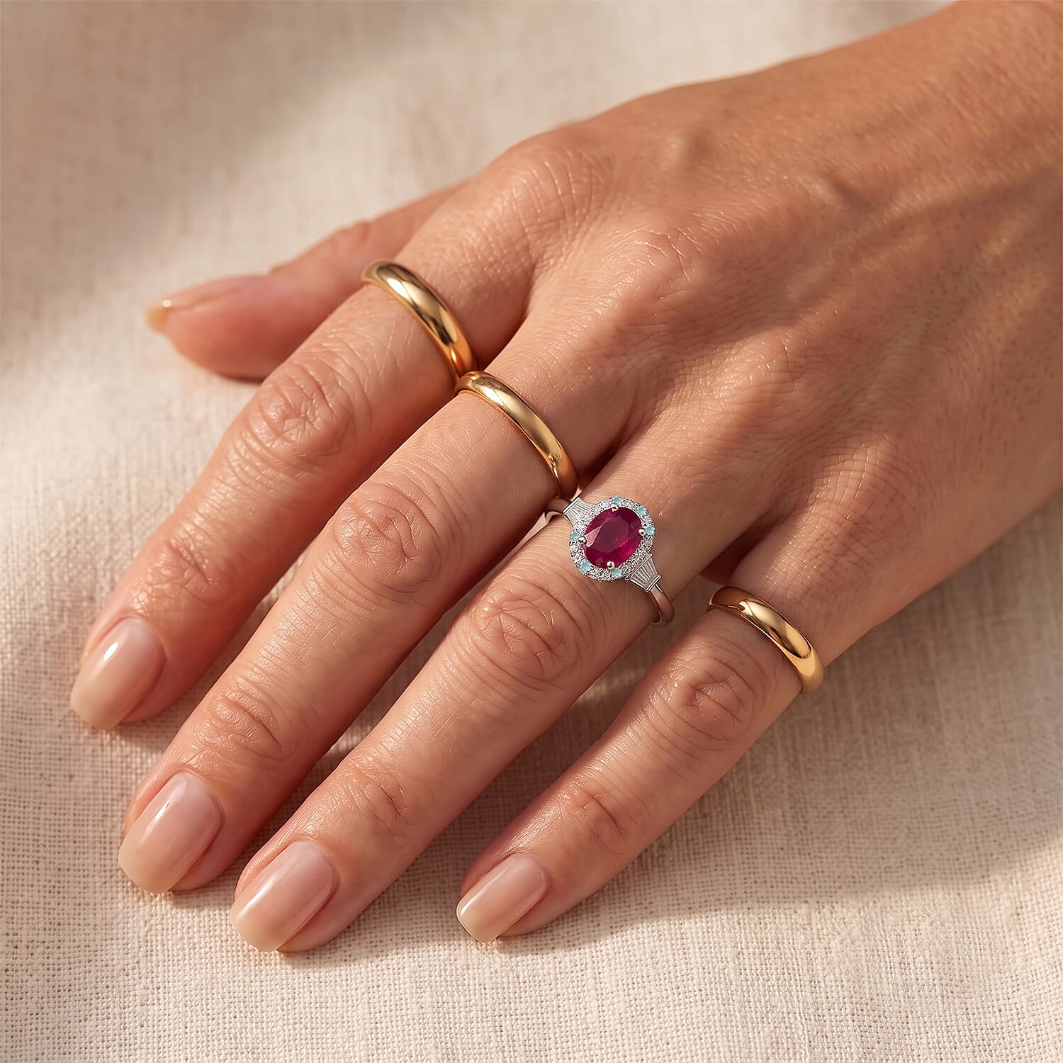 Certified and Appraised D'Joy Premium Taveta Ruby, Paraiba Tourmaline and Moissanite 3.15 ctw Ring in Rhodium Over Sterling Silver (Size 6.0)