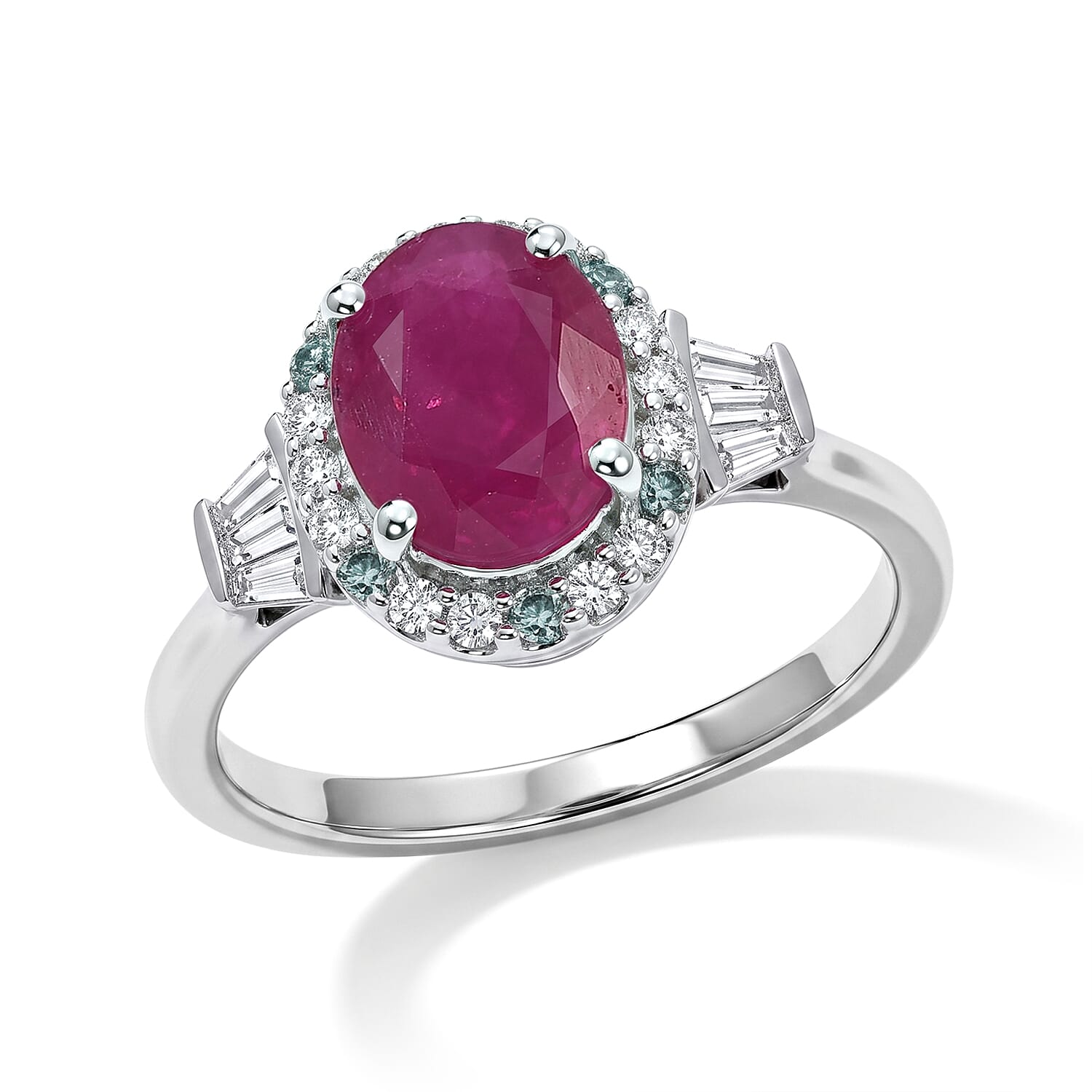 Certified and Appraised D'Joy Premium Taveta Ruby, Paraiba Tourmaline and Moissanite 3.15 ctw Ring in Rhodium Over Sterling Silver (Size 6.0)