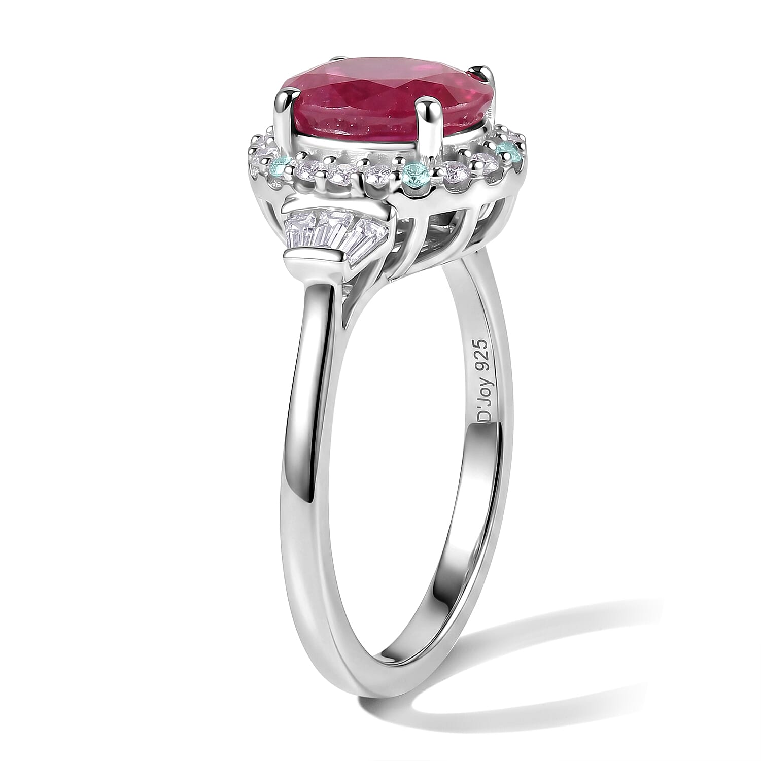 Certified and Appraised D'Joy Premium Taveta Ruby, Paraiba Tourmaline and Moissanite 3.15 ctw Ring in Rhodium Over Sterling Silver (Size 6.0)