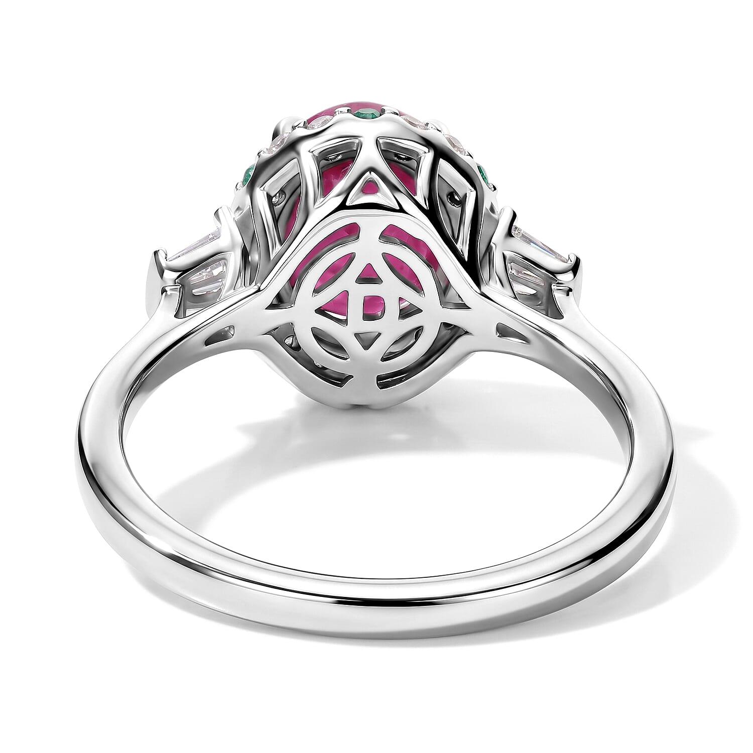 Certified and Appraised D'Joy Premium Taveta Ruby, Paraiba Tourmaline and Moissanite 3.15 ctw Ring in Rhodium Over Sterling Silver (Size 6.0)