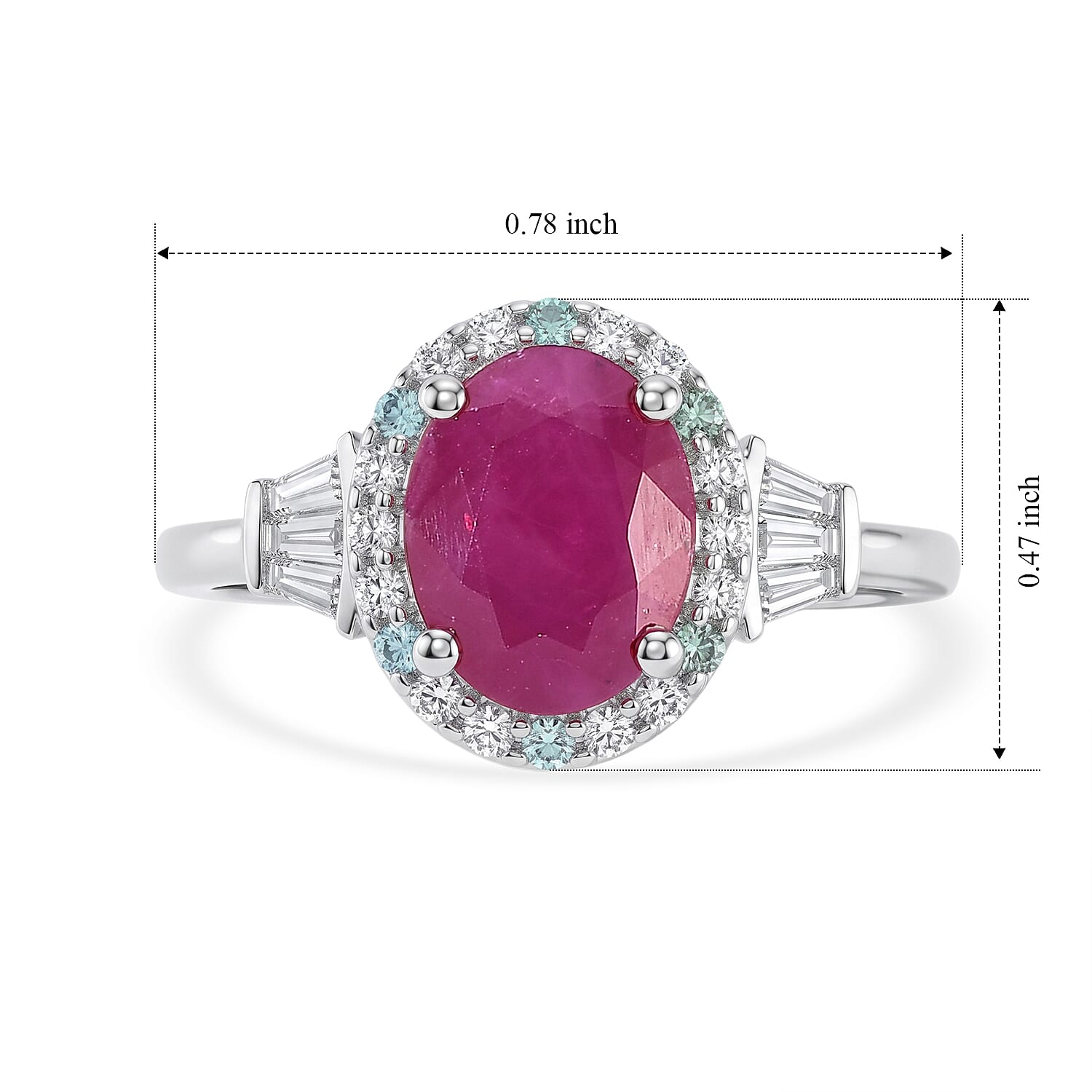 Certified and Appraised D'Joy Premium Taveta Ruby, Paraiba Tourmaline and Moissanite 3.15 ctw Ring in Rhodium Over Sterling Silver (Size 6.0)