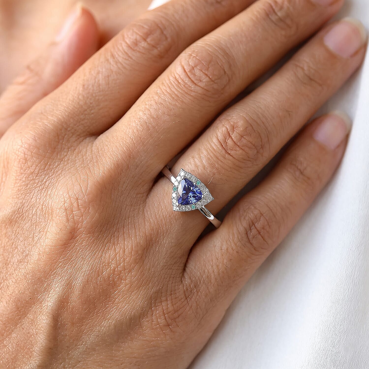Certified and Appraised D''Joy Premium Tanzanite, Paraiba Tourmaline and Moissanite Ring in Rhodium Over Sterling Silver (Size 5.0) 1.50 ctw