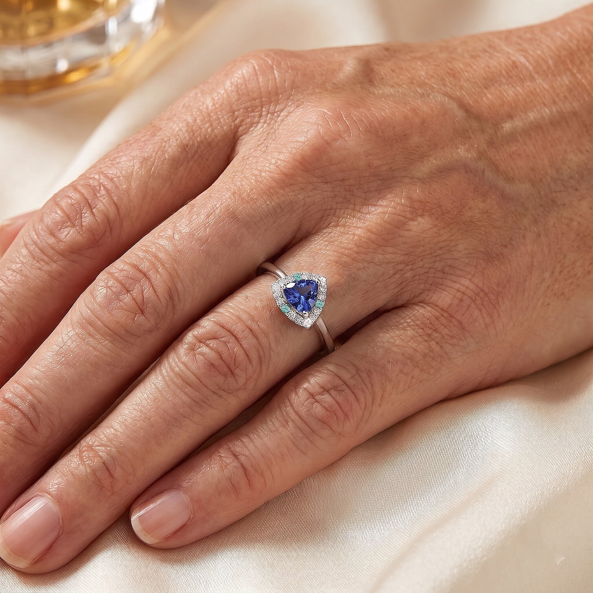 Certified and Appraised D''Joy Premium Tanzanite, Paraiba Tourmaline and Moissanite Ring in Rhodium Over Sterling Silver (Size 5.0) 1.50 ctw