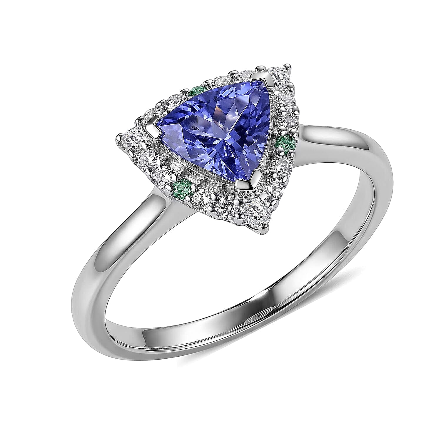Certified and Appraised D''Joy Premium Tanzanite, Paraiba Tourmaline and Moissanite Ring in Rhodium Over Sterling Silver (Size 5.0) 1.50 ctw