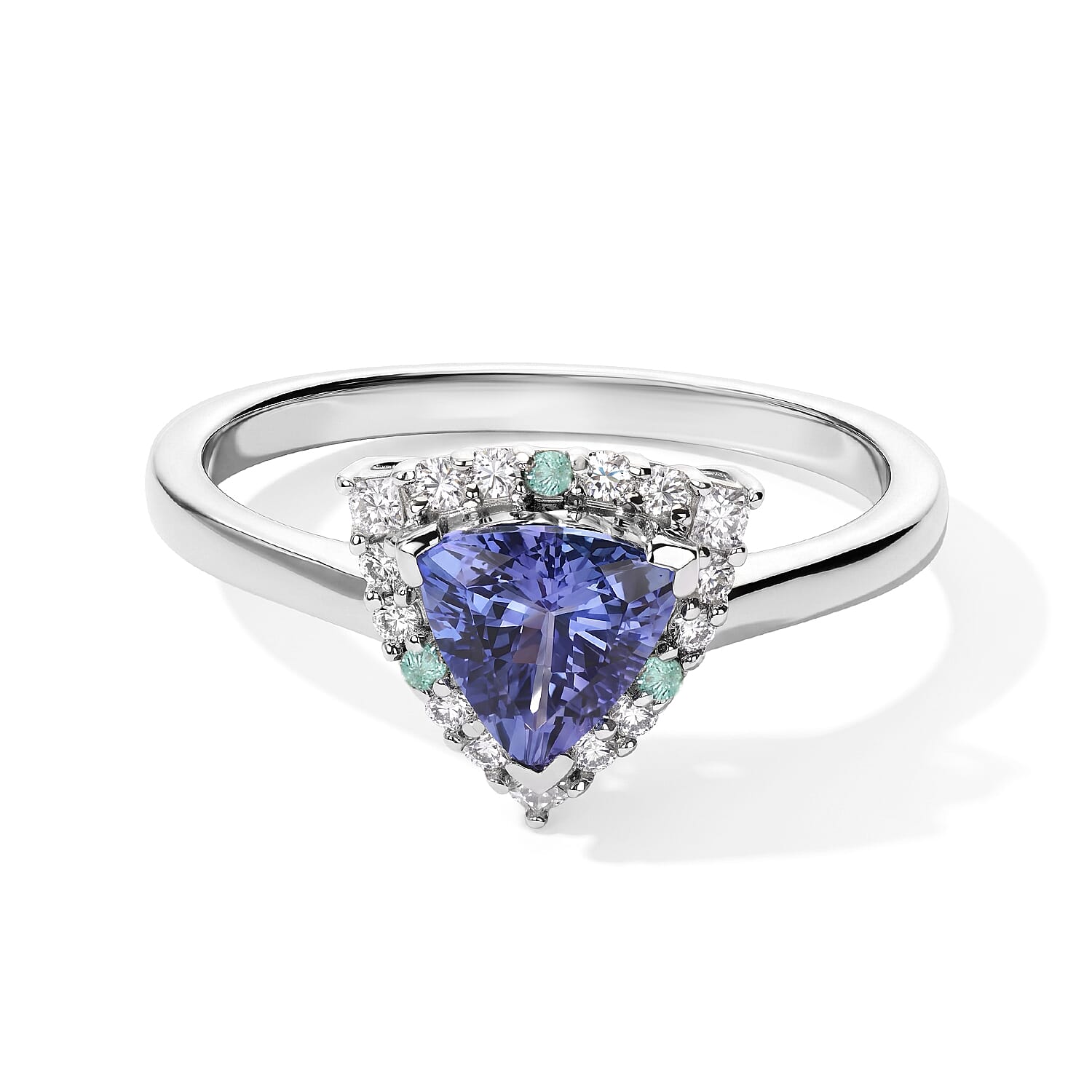Certified and Appraised D'Joy Premium Tanzanite, Paraiba Tourmaline and Moissanite 1.50 ctw Ring in Rhodium Over Sterling Silver (Size 6.0)