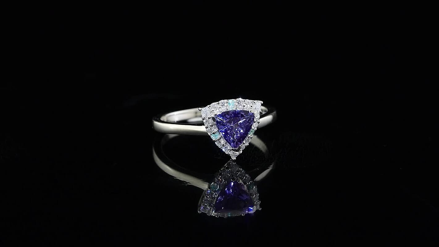 Certified and Appraised D''Joy Premium Tanzanite, Paraiba Tourmaline and Moissanite Ring in Rhodium Over Sterling Silver (Size 6.0) 1.50 ctw